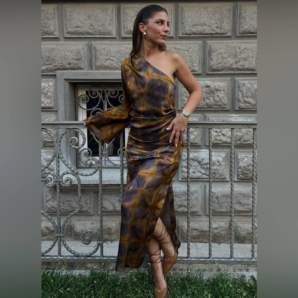 Zara ZW Collection Multicoloured Printed Asymmetric Midi Dress - Picture 3 of 10